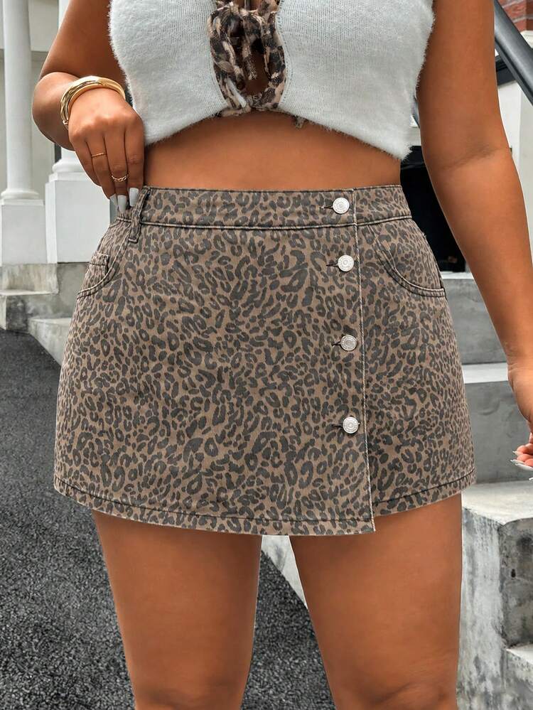 Rivivi Plus Size Women's Fashion Casual Leopard Print Denim Skort For Daily Wear Vacation Date Night Brown Summer - Multicolor - View 7