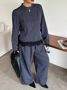 Dazy Plus 大尺碼女款蕾絲拼接條紋長袖上衣與長褲休閒日常兩件套秋季 - 藏蓝色 - 查看 2