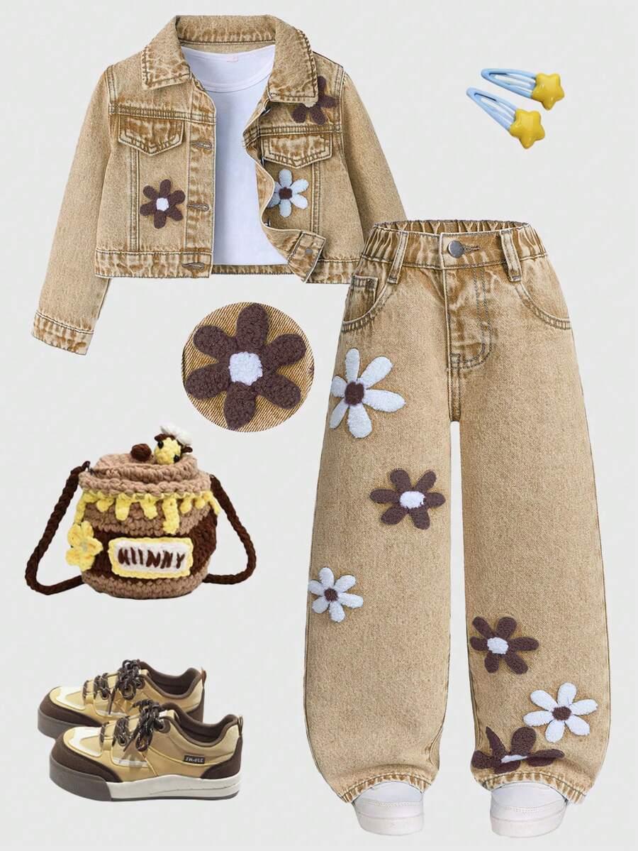 SHEIN ChillGRL Young Girls Denim Two Pieces Outfits 2025 Spring/ Fresh Floral Towel Embroidery Medium Blue Washed Set, Short Jacket + Loose Wide-Leg Pants, Cowgirl - Khaki - View 1