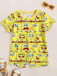 SpongeBob SquarePants | SHEIN Baby Girl Versatile Round Neck Short Sleeve Romper - Yellow - View 1