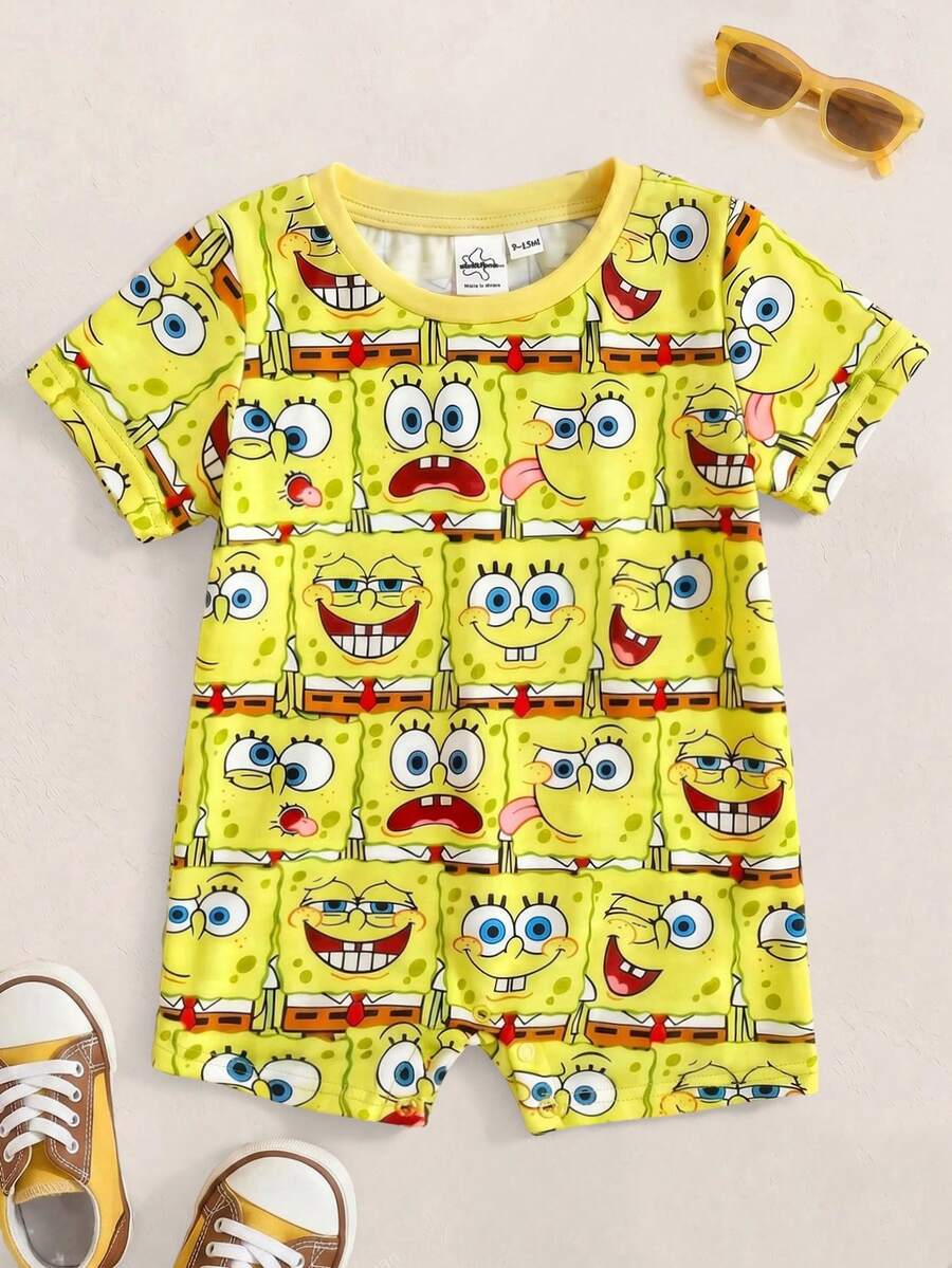 SpongeBob SquarePants | SHEIN Baby Girl Versatile Round Neck Short Sleeve Romper - Yellow - View 1