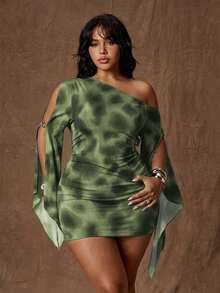Rustia Plus Size American Street Style Sexy Black Minimalist Asymmetrical Neckline Bodycon Slimming Elegant Casual Daily Plus Size Cinched Waist Fitted Slimming Short Plus Size Minimalist Daily Commute Plus Size Long Sleeve Black Short Dress Plus Size Summer Spring Plus Size Short Bodycon Short Dress - Green - View 1