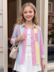 Elladie kids Tween Girl Striped Sun Protection Shirt, Spring/Summer, Korean Style,Holiday,Summer,Travel - Multicolor - View 6