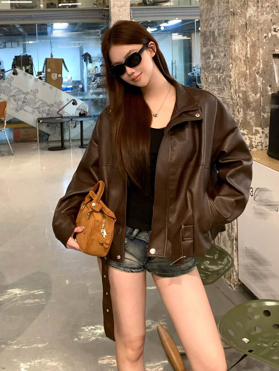 DAZY 女款休閒長袖翻領夾克外套 - 咖啡棕 - 查看 1