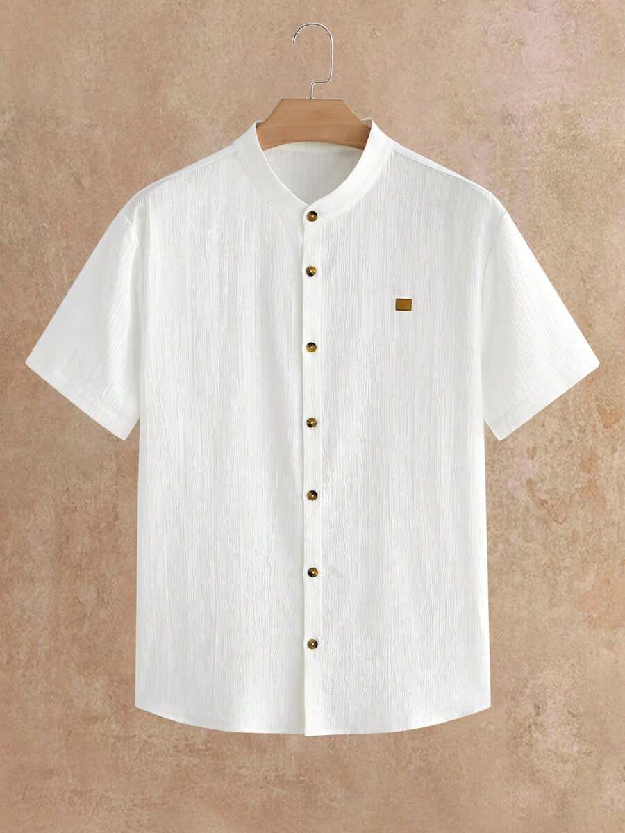 HIMLAND Kemeja Pria Lengan Pendek Desain Denim Kancing Tunggal Kerah Bulat - Putih - View 1