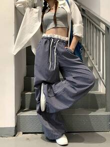 DAZY 女款休閒條紋寬鬆韓系拼色二合一長褲 秋季 - 黑色 - 查看 1