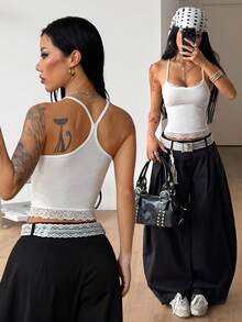Coolane Women's Y2K Street Style Fashion Lace Trim Halter Top - White - View 2