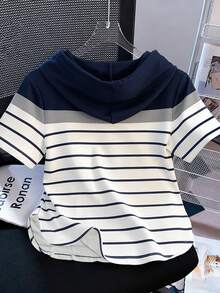 Resyla Hoodie Lengan Pendek Bergaris dengan Resleting Setengah, Desain Baru Musim Semi/Panas, Atasan Kasual Asimetris - MultiWarna - View 2
