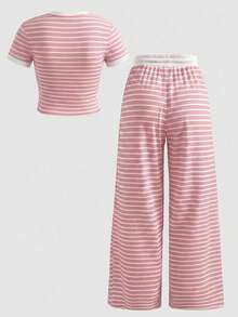 SHEIN 青少年女孩 T-Shirt 套裝 粉色與白色條紋拼接圓領短袖 T-Shirt 與長褲 - 粉色 - 查看 2