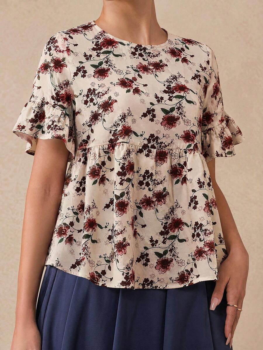 Almamuse Women's Casual Printed Shirt With Ruffle Hem - Apricot - View 1