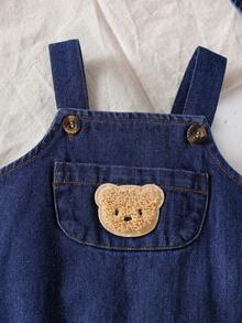 SHEIN Playful Pals 新生兒夏季可愛熊刺繡口袋可調節肩帶連身衣藍白條紋休閒短袖T恤柔軟套裝適合城市度假 - 藍色 - 查看 9