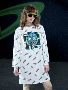 Rick and Morty X SHEIN 休閒卡通圖形下垂肩寬鬆連衣裙，春秋兩季款式 - 彩色 - 查看 3
