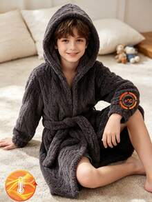 Tween Boy Autumn Warm Hooded Robe Loungewear Lounge Night Grey Casual Soft Form - Grey - View 3