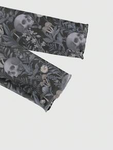 ROMWE Goth 深色骷髏森系性感透視網紗長袖女款上衣 - 黑色 - 查看 4