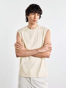 Merionis Men's Minimalist Casual Old Money 100% Cotton Versatile Solid Color Crew Neck Tank Top For Sports And Daily Wear Boxing Brunch Holiday Office - Khaki - View 8