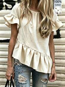 EMERY ROSE Apricot Casual Solid Color Ruffle Hem Blouse For Middle-Aged, Spring/Summer - Apricot - View 1