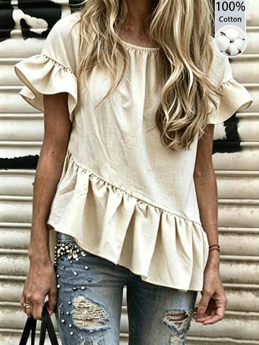 EMERY ROSE Apricot Casual Solid Color Ruffle Hem Blouse For Middle-Aged, Spring/Summer - Apricot - View 1