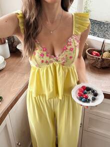 Snug Reverie Women's Romantic Fresh Embroidered Floral Lace Patchwork Camisole Top And Pajama Pants Set - Yellow - View 4
