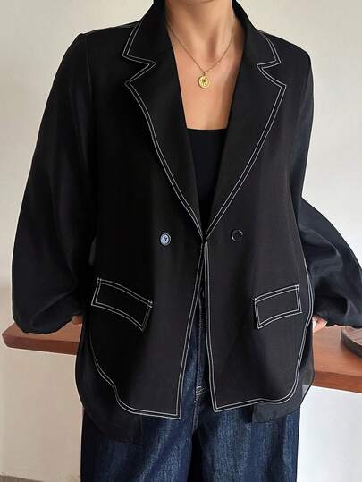 Dazy Plus Solid Color Casual Patchwork Chiffon Back Design Loose Fit Spring Summer Autumn Fun Commuter Blazer Western Outfits For Women