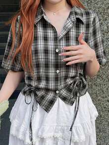 Dazy Plus New Plaid Drawstring Tie Bow Casual Versatile Spring Summer Autumn Shirt Cute Tops - Black - View 7