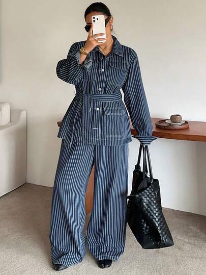 Dazy Plus Fashion Striped Denim Loose Long Sleeve Tie-Front Street Casual Shirt Denim Top Long Jeans Spring Autumn Denim Two Pieces Set