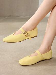 MOTF PREMIUM WOMEN SQUARE TOE BUCKLE STRAP FLATS FOR CHRISTMAS - Light yellow - View 2