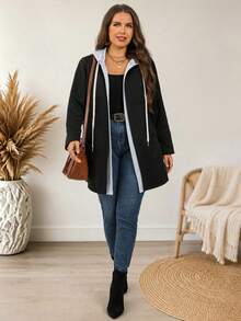 EMERY ROSE Plus Size Women's Color Block Hooded Zip Up Long Sleeve Contrast Trim Pocket Mid-Length Jacket Outerwear Autumn Coat Fashion 2026 Concert Black Baggy - Multicolor - View 9