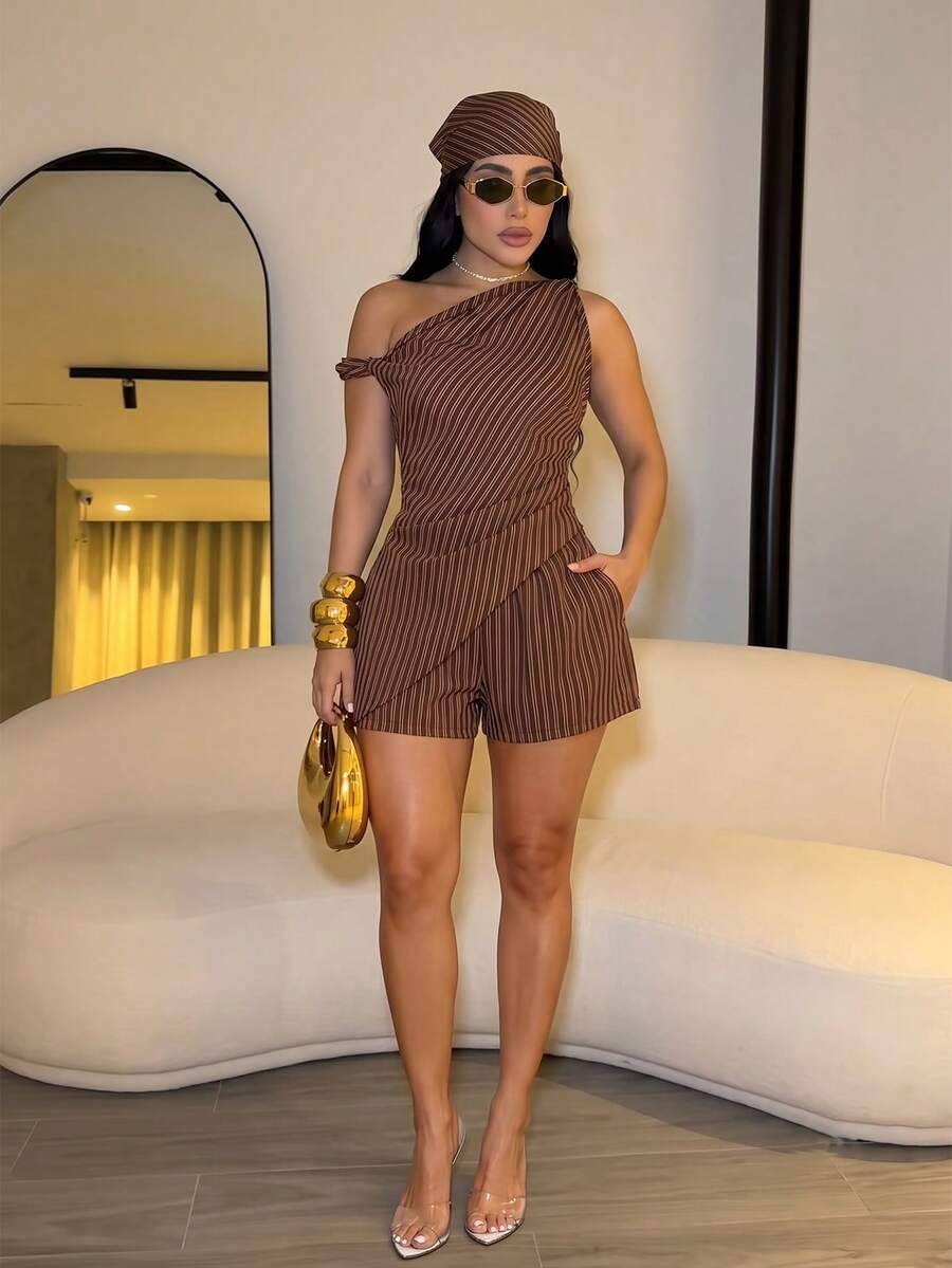 SOLERSUN Women's Chic Brown Stripe Asymmetrical Shoulder Twist Hem Blouse Shorts With Pockets For Night Out Office Two Pieces Set Minimalist Casual Sexy Summer - Brown - View 1