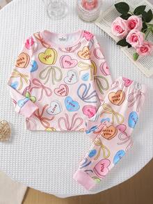 2 Pieces Girls' Tight Long Sleeve Pants With Cute Heart & Bow Full Print, Best Gift For Girls, Home Wear, Versatile Fashion, Best Choice - Pink - View 8