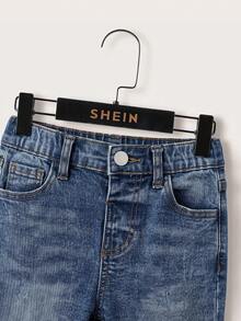 SHEIN 兒童小男孩休閒水洗修身牛仔長褲 - 深色水洗藍 - 查看 3