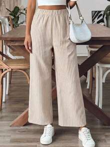 Breezaya Plus Size Women's Loose Casual Linen Striped Pants With Pockets Fall - Multicolor - View 1