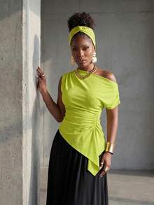 BamGlimmer Women Fluorescent Green Asymmetrical Neck Ruched Fashion Blouse - Green - View 7
