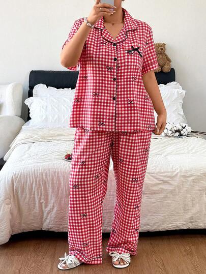 Napfluff CURVE Napfluff CURVE Plus Size Women's Red & White Plaid Bow Print Short Sleeve & Long Pants Pajama Set, Bow Decor, Asian Cute Style, Suitable For Home & Outdoor Wear