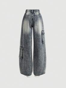 SHEIN Celana Jeans Longgar Model Lebar Gaya Kerja Retro Biru Desain Saku Y2K untuk Remaja Perempuan, Cocok untuk Halloween - Biru - View 3