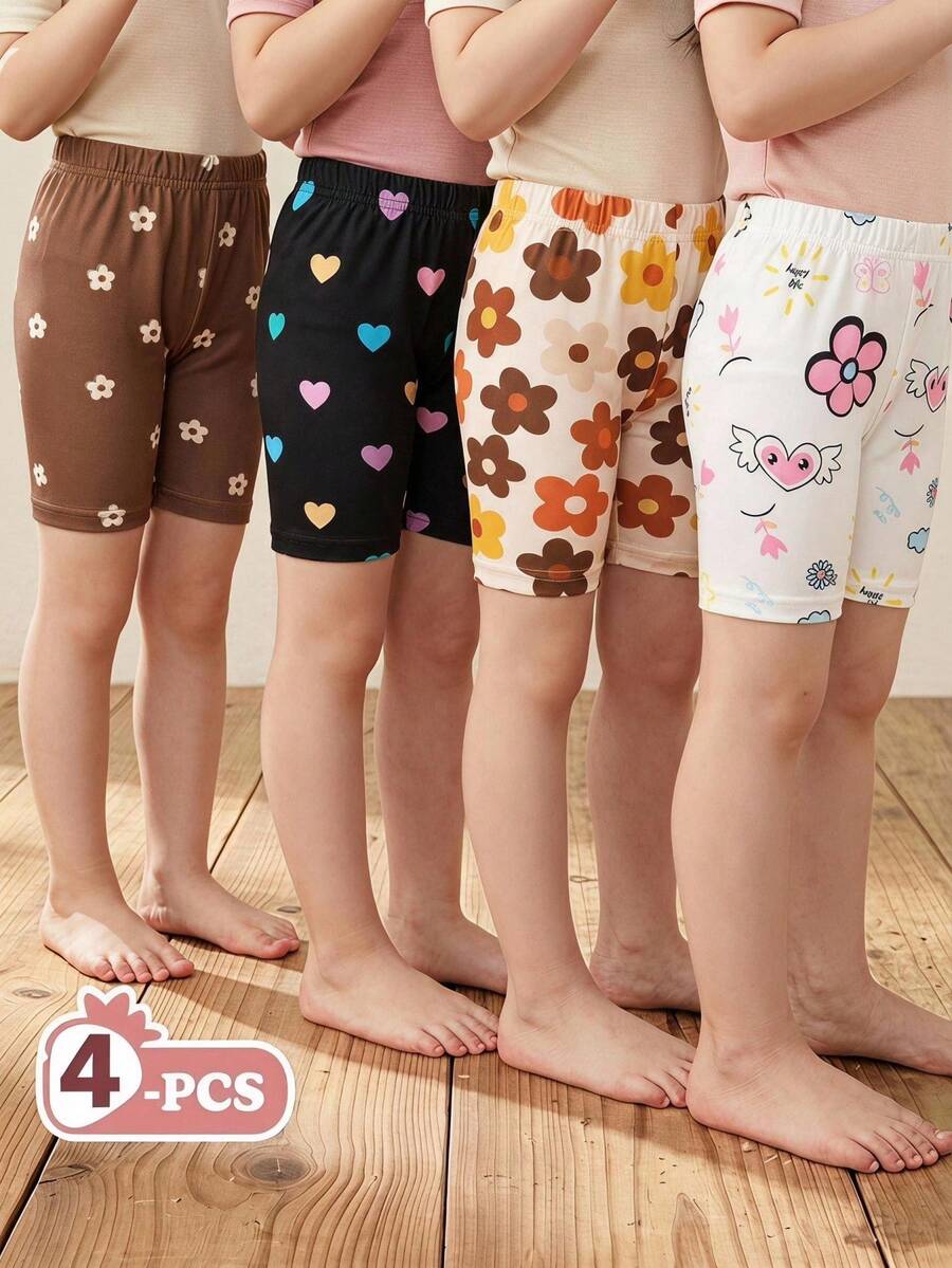 4件裝少女休閒百搭軟綿可愛花卉、碎花、愛心與小太陽圖案短褲,適合春夏休閒室內或戶外玩耍,多色甜美可愛印花百搭基本款短褲,適用春夏或四季 - 彩色 - 查看 1
