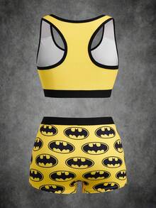 BATMAN X SHEIN 女款卡通圖案印花條紋撞色內衣文胸與低腰內褲內衣套裝 - 黃色 - 查看 2