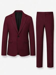 Manfinity Mode Setelan Jas Formal Pria Berkerah Notch dan Celana Panjang Model Single Breasted, Gaya Klasik, untuk Acara Resmi - Burgundy - View 3
