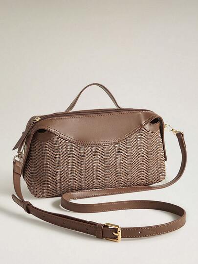 Wovira Women's Fashion Brown Handbag, Exquisite Zipper, Hollow Woven Bag For Daily Use, Commuting, Shopping, Vacation, Travel, Bohemian