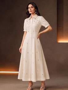 Anewsta Summer New Style Lapel Bead & Rhinestone Decor Waist-Defining Fashion Casual Versatile Shirt Dress - Beige - View 3