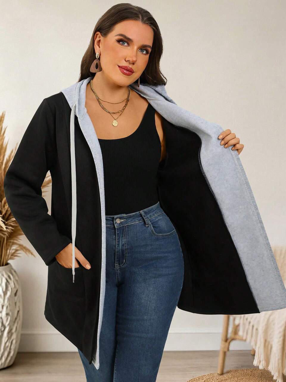 Plus Size Women's Color Block Hooded Zip Up Long Sleeve Contrast Trim Pocket Mid-Length Jacket Outerwear Autumn Coat Fashion 2026 Concert Black Baggy