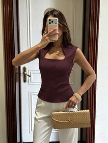 Cévolie Summer Elegant Commute Solid Color Sleeveless Top Brunch Dark Purple - Purple - View 5