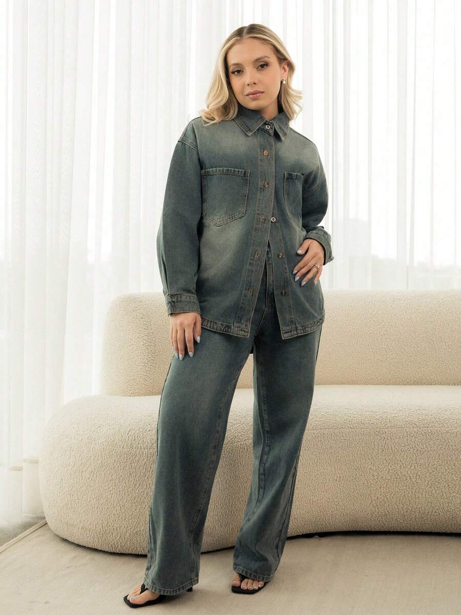 Ximena Robles Ximena Robles Autumn/Winter New Loose Casual Distressed Washed Women Denim Set - Blue - View 1