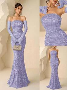 Coutiva Women's Faux Pearl Decor Ruched Waist Elegant Banquet Dress - Dark Purple - View 1