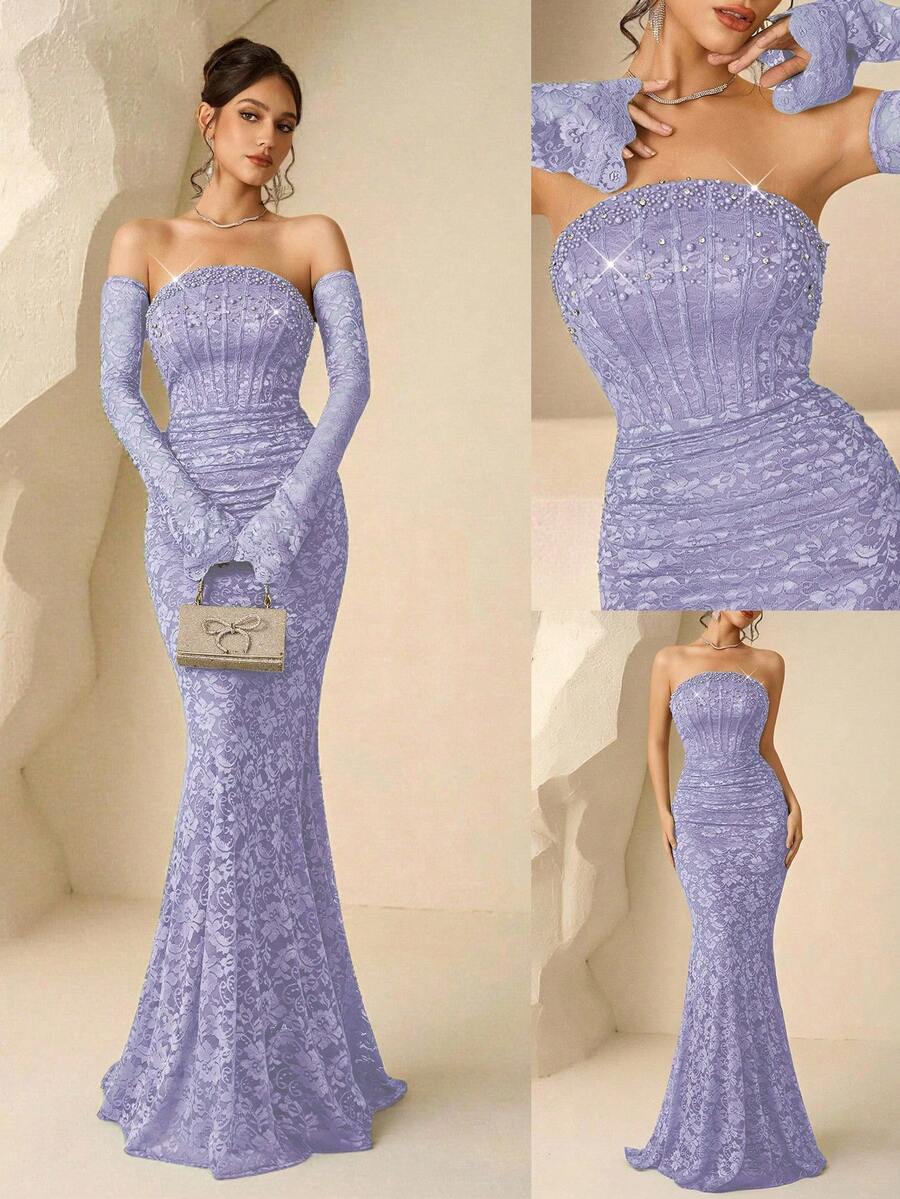 Coutiva Women's Faux Pearl Decor Ruched Waist Elegant Banquet Dress - Dark Purple - View 1
