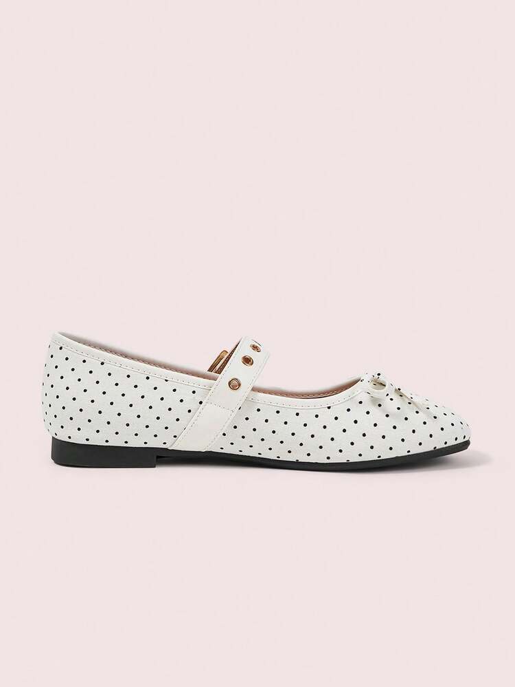 CUCCOO DOLLMOD Women's Shoes Spring And Summer Polka Dot Printing Upper Metal Air Eye Buckle Word With Bow Decoration Round Toe Low Heel French Girl Storm Point Mar - Black spot on white background - View 5