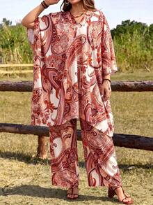 EMERY ROSE Plus Size Paisley Print Casual Vacation Top And Pants 2 Pieces Set Fall - Apricot - View 8