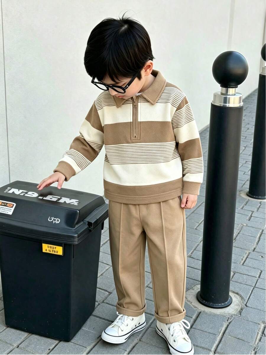 Boys Spring Fall Pure Striped Minimalist Casual Style No Pattern Slim Fit Polo Collar Half-Zip Long Sleeve Pullover Top With Matching Long Pants Set S - Khaki - View 1