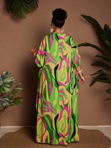 Maweii Plus Size Women's Loose Casual Vacation Sexy Vacation Print Short Sleeve Long Plus Size Dress - Multicolor - View 2