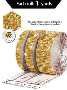 1PC SelfAdhesive Crystal Rhinestone Diamond Ribbon Bling For Christmas Wedding Party Decor Crafts Gift Wrap Car Computer Makeup Table - Size 1 gold - View 3