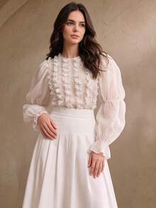 Anewsta Autumn/Winter Romantic French Chiffon Ruffle Petal Sleeve White Blouse - White - View 5